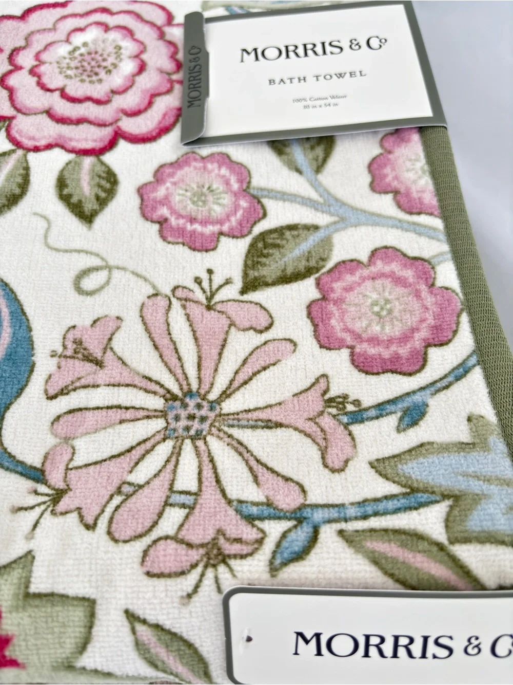 NWT Morris & Co Botanical Cotton Velour Bath Towels Set of 2 Pink Green Floral